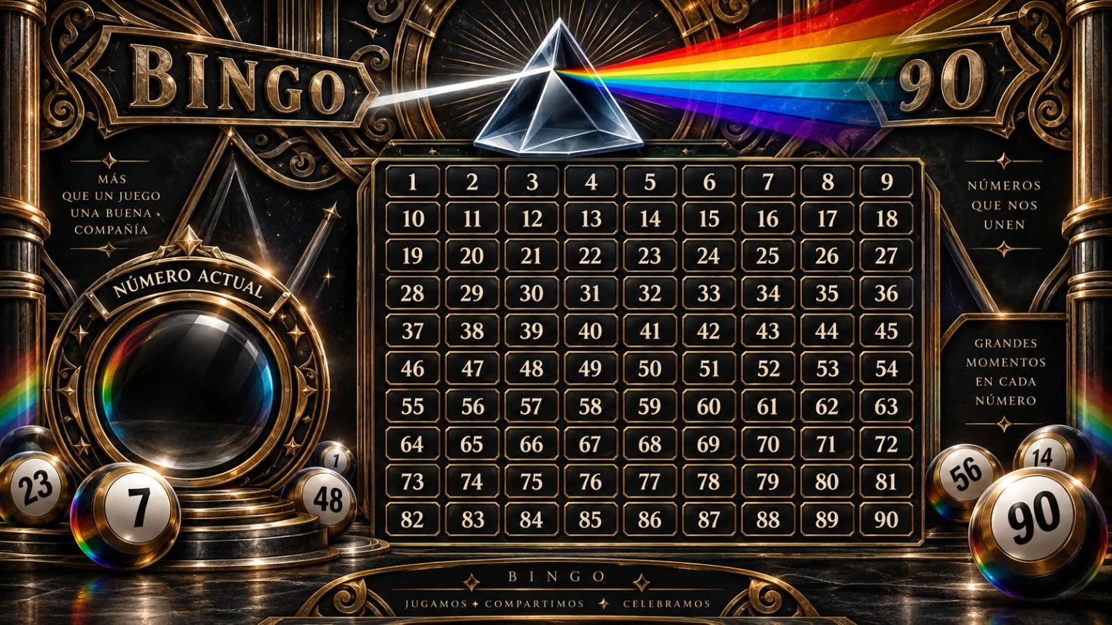 Arte del bingo Prisma: tablero de 90 números, balotas y un prisma con luz de arcoíris